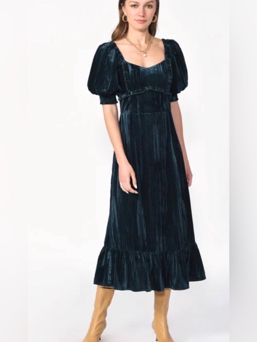 Adelyn Rae Kiani Textured Velvet Puff Sleeve Midi Dress (Size xs)